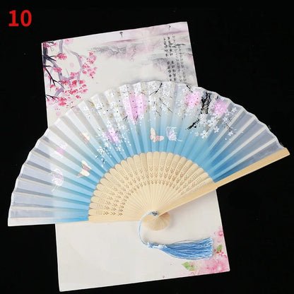1Pc Vintage Silk Folding Fan Retro Chinese Japanese Bamboo Folding Fan Tassel Dance Hand Fan Home Decoration Ornament Craft G