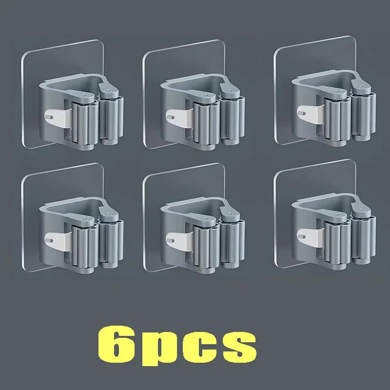 Home Storage Rack Wall Hanging Shelf Bathroom Shower Holder Storage Traceless Hook Mop Organizer Waterproof Broom Hanger - 6p