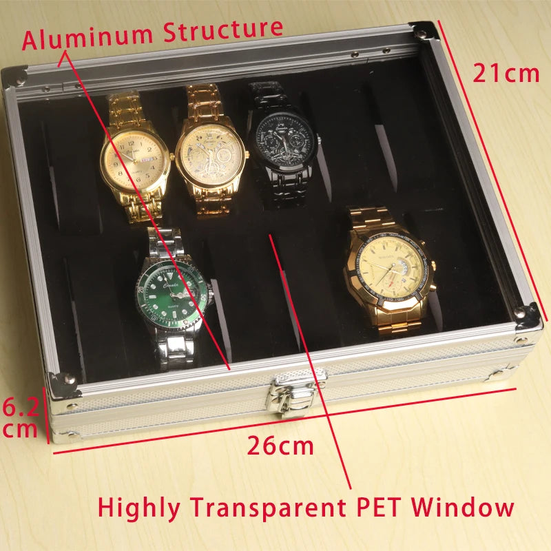Aluminum Structure Watch Storage Box 12 Grid Slot Jewelry Display Square Case Suede Inside Rectangle Watch Holder for Organiz