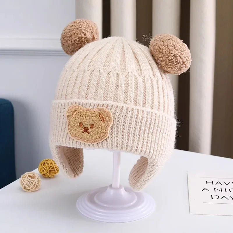 Baby wool hat cute bear ear protection hat children winter thickened warm knitted Korean version of the baby hat - Beige