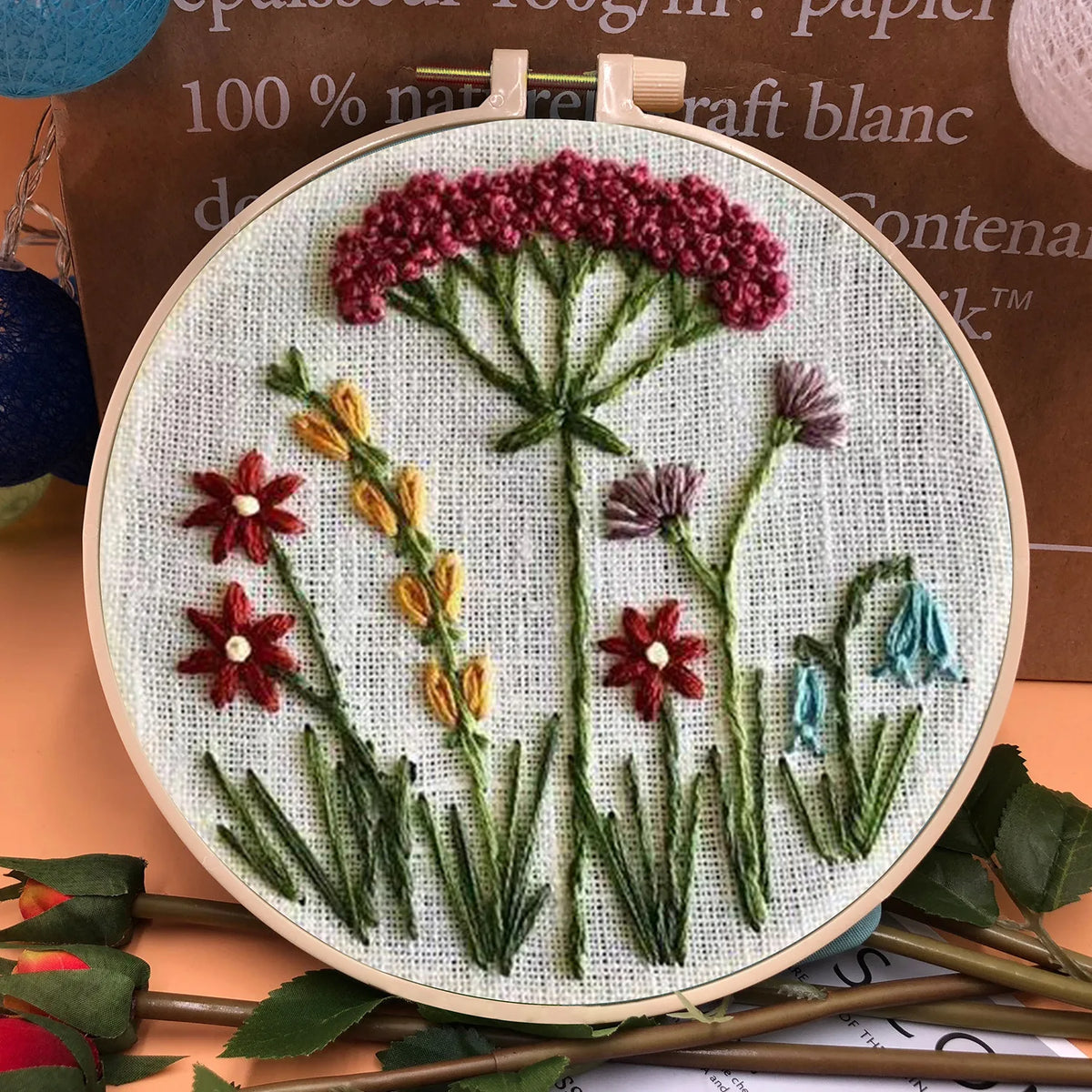 3D Embroidery Starter Kits with Flowers Pattern for Adults Beginners, Floral Stamped Cross Stitch Kit, Hand DIY Needlepoint K