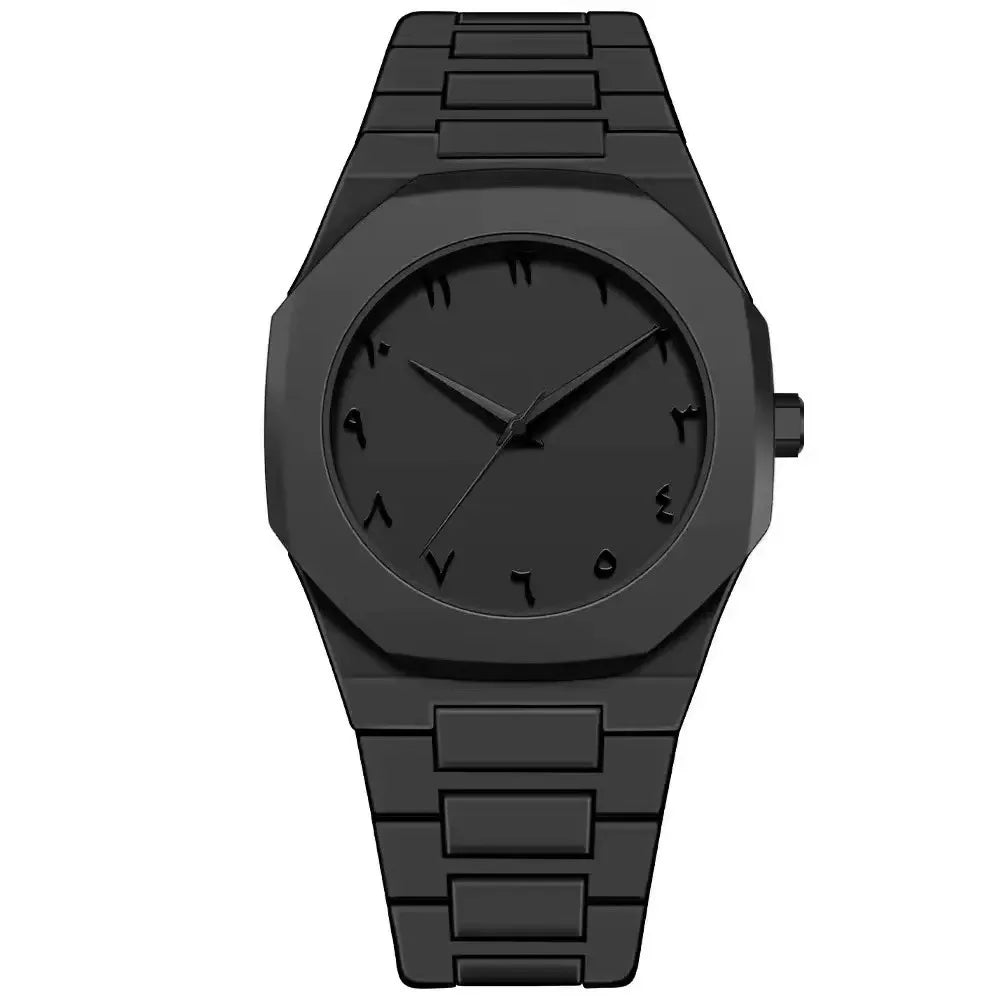 New Fashionable Men's Watch Simple Black Male Quartz Watches Arabic Digital Casual Drip Oil Strap - Black