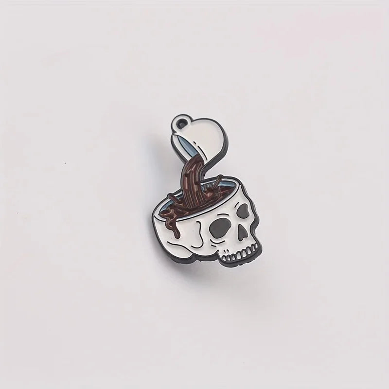 Vintage-Style Skull Coffee Cup Enamel Pin - Fashionable Alloy Brooch for Men