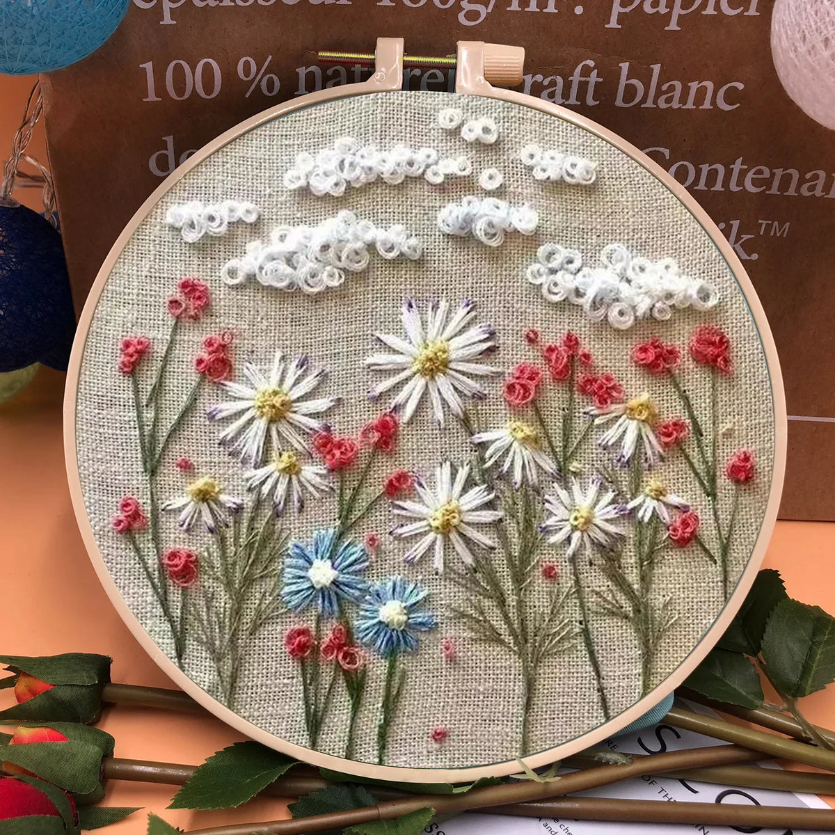 3D Embroidery Starter Kits with Flowers Pattern for Adults Beginners, Floral Stamped Cross Stitch Kit, Hand DIY Needlepoint K