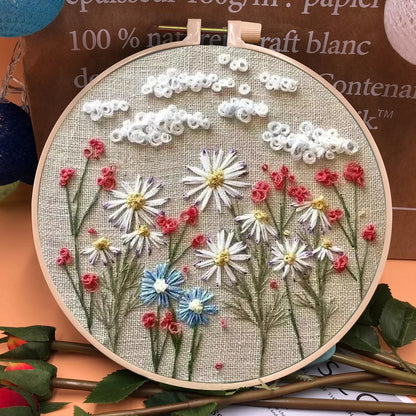 3D Embroidery Starter Kits with Flowers Pattern for Adults Beginners, Floral Stamped Cross Stitch Kit, Hand DIY Needlepoint K