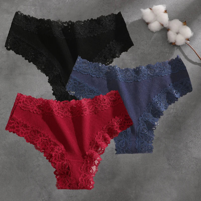 3Pcs Cotton Lace Patchwork Bikini Panties Women Seamless Floral Print Brazilian Pants Low Waist Breathable Female Sexy Linger