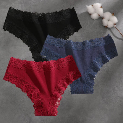 3Pcs Cotton Lace Patchwork Bikini Panties Women Seamless Floral Print Brazilian Pants Low Waist Breathable Female Sexy Linger