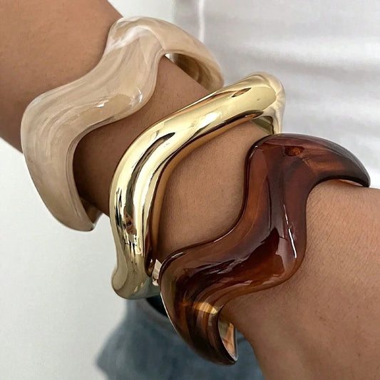 3Pcs Irregular Wavy Cuff Bangle Set For Women Resin Chunky Wave Bracelets Minimalist Stackable Wristband Trendy Jewelry Gift 