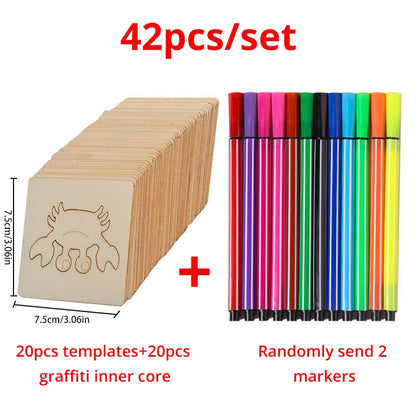 42pcs Wooden DIY Drawing Template Templates With Markes, Children's Drawing Template Drawing Tool Set