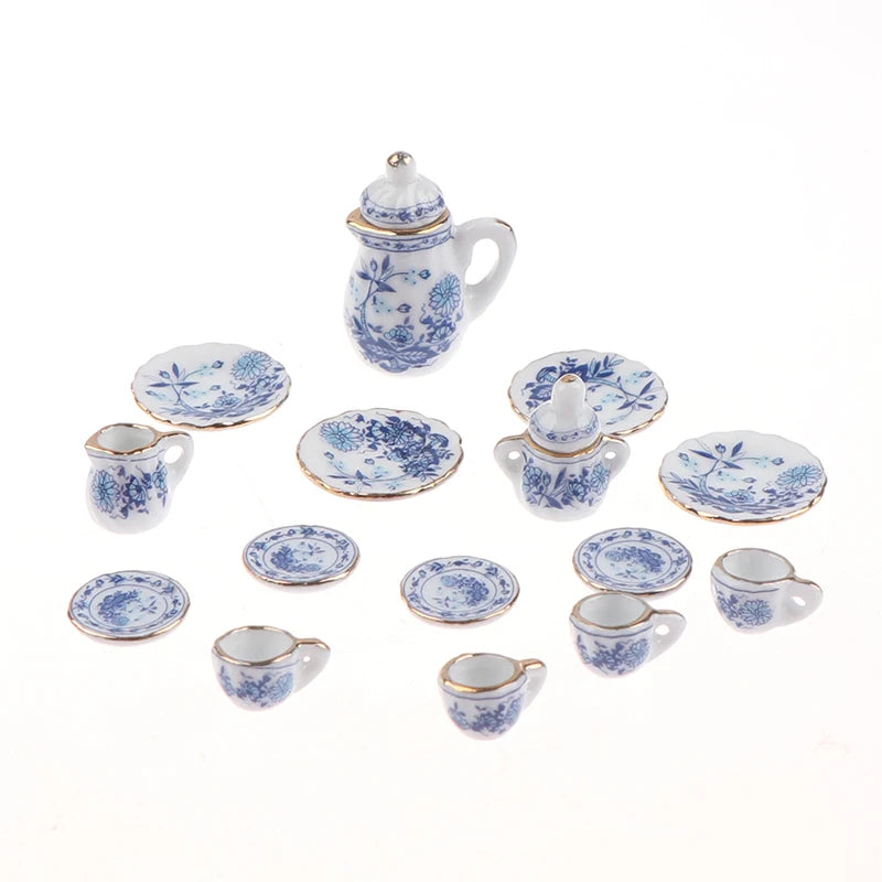 15Pcs 1:12 Dollhouse Miniature Tableware Porcelain Ceramic Tea Cup Set Model Kitchen Accessories For Doll House Decor Toys Gi