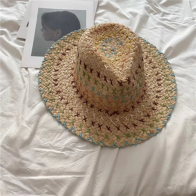 Boater Straw Hat wide brim French elegant square ribbon women's sun hat holiday straw hat 모자 햇빛 가리개