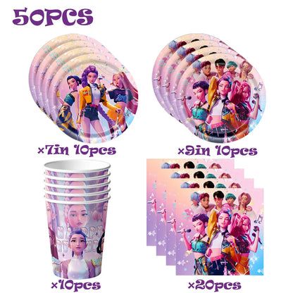 K-Pop Theme Disposable Tableware Set for Kids Birthday Baby Shower Party - Paper Plates Cups And Tablecloth with Birthday Ban