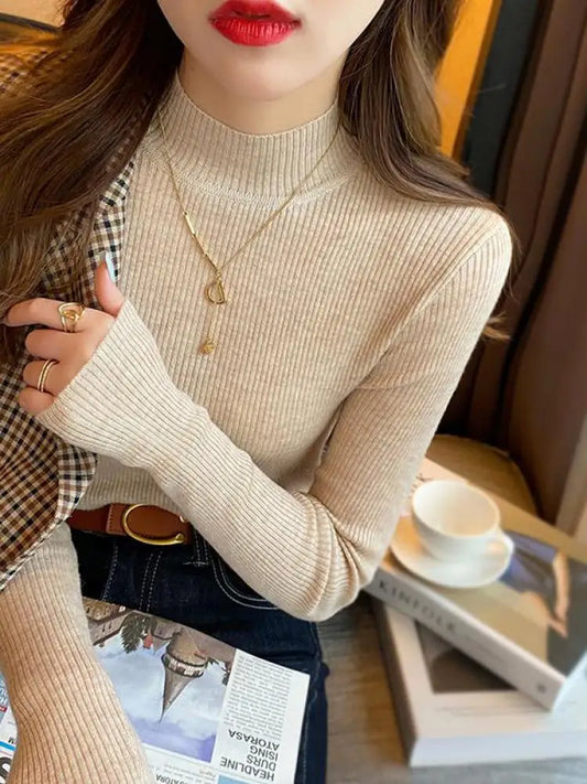 Autumn Winter Mock Neck Women Sweater Vintage Basic Solid Knitted Korean Tops Casual Slim Pullover Sweaters Simple Chic Jumpe