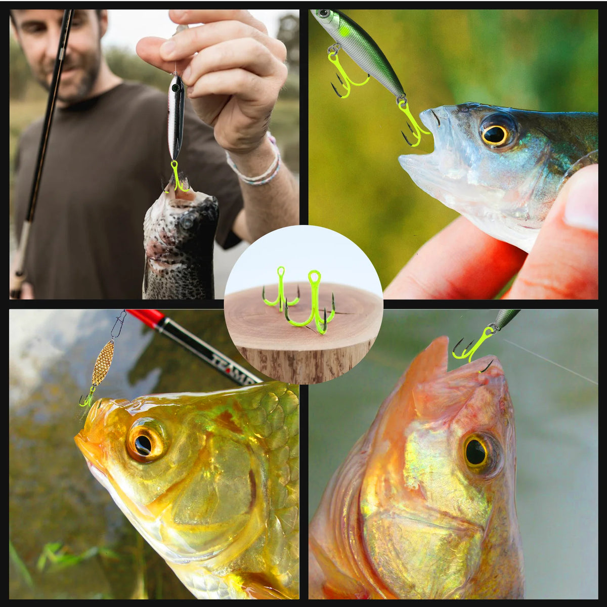 FishTrip Fishing Treble Hook Fluorescent/Luminous Green Inline Treble Hook Saltwater Freshwater Fishing Lure Bait Triple Hook