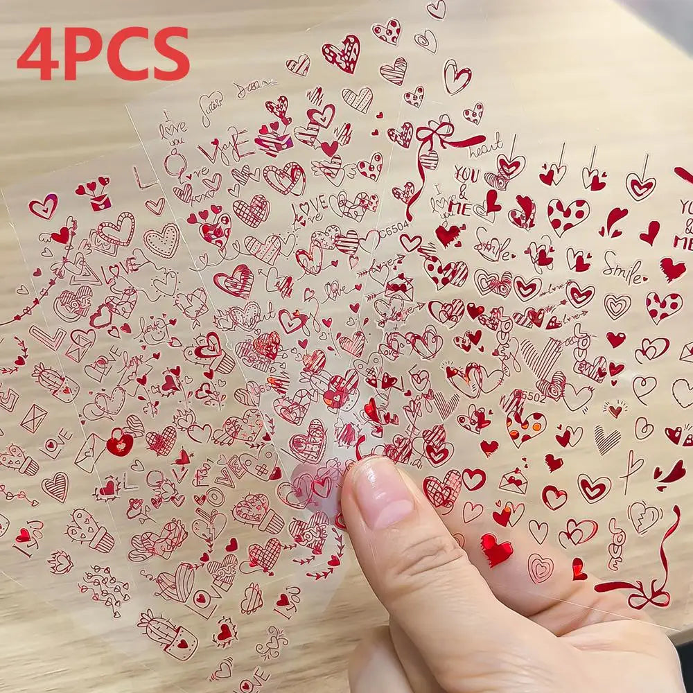 8pc 3D Mixed Color Heart Nail Stickers Valentines' Day Sweet Red Pink Love Selfadhesive Nail Decoration Decals Manicure Suppl