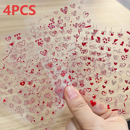 8pc 3D Mixed Color Heart Nail Stickers Valentines' Day Sweet Red Pink Love Selfadhesive Nail Decoration Decals Manicure Suppl