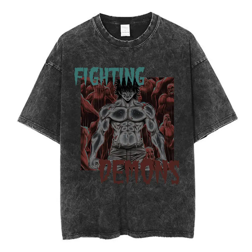 Vintage Washed T Shirt Anime Baki The Grappler T-shirt Hanma Yujiro Gym Short Sleeve T-shirts Oversized Cotton Casual Tee Shi
