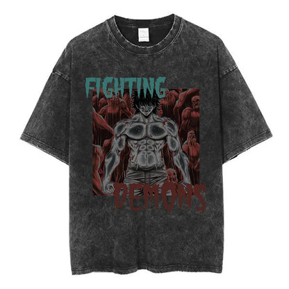 Vintage Washed T Shirt Anime Baki The Grappler T-shirt Hanma Yujiro Gym Short Sleeve T-shirts Oversized Cotton Casual Tee Shi
