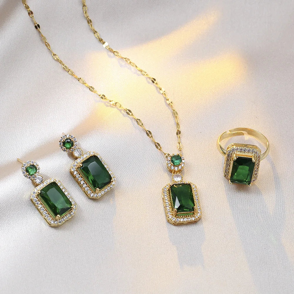 4PCS Sets Exquisite Quadrate Rhinestone Necklace Earrings Ring Jewelry Set Charm Ladies Jewelry Fashion Bridal Gifts - Green