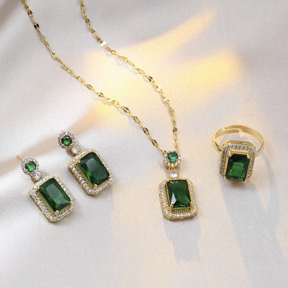 4PCS Sets Exquisite Quadrate Rhinestone Necklace Earrings Ring Jewelry Set Charm Ladies Jewelry Fashion Bridal Gifts - Green