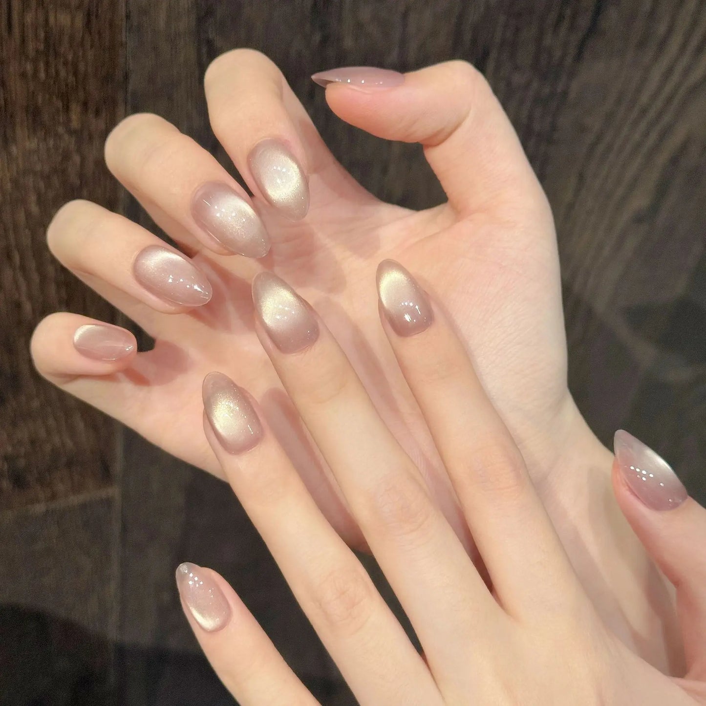 10pcs Handmade Press On Nails Solid Color Glossy Glass Beads Cat's Eye False Nails Full Cover Short Almond Fake Nail For Wome