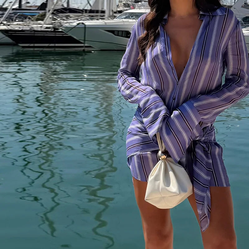 Stripe Two Piece Set Sheer Lapel Long Sleeve Shirt High Waist Flared Wide Leg Pants Chiffon 2026 Summer Resort Lady Chic Outf