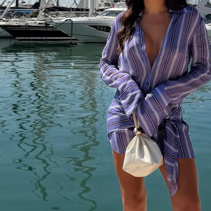 Stripe Two Piece Set Sheer Lapel Long Sleeve Shirt High Waist Flared Wide Leg Pants Chiffon 2026 Summer Resort Lady Chic Outf