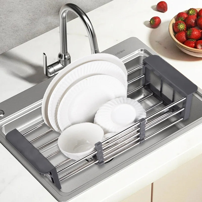 Roll Up Triangle Dish Drying Rack Kitchen Sink Organizer Corner Over the Sink Sponge Rag Holder Foldable Stainless Steel Drai
