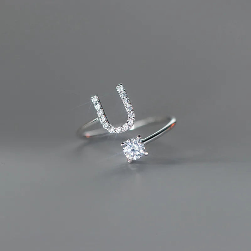 Zircon Initial A-Z Letter Ring For Women Metal Adjustable Opening Ring Name Alphabet Female Wedding Gift Anillos Mujer - U