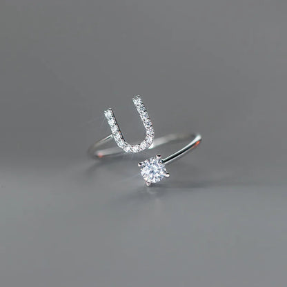 Zircon Initial A-Z Letter Ring For Women Metal Adjustable Opening Ring Name Alphabet Female Wedding Gift Anillos Mujer - U