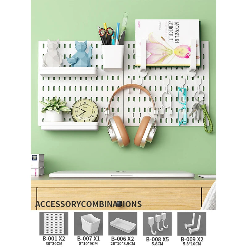 Home Office Pegboard Wall Storage Panel, PP Plastic Hole Board with Multi Hooks Shelf for Study Desk Stationery, Black White 