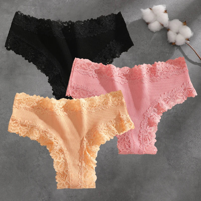 3Pcs Cotton Lace Patchwork Bikini Panties Women Seamless Floral Print Brazilian Pants Low Waist Breathable Female Sexy Linger