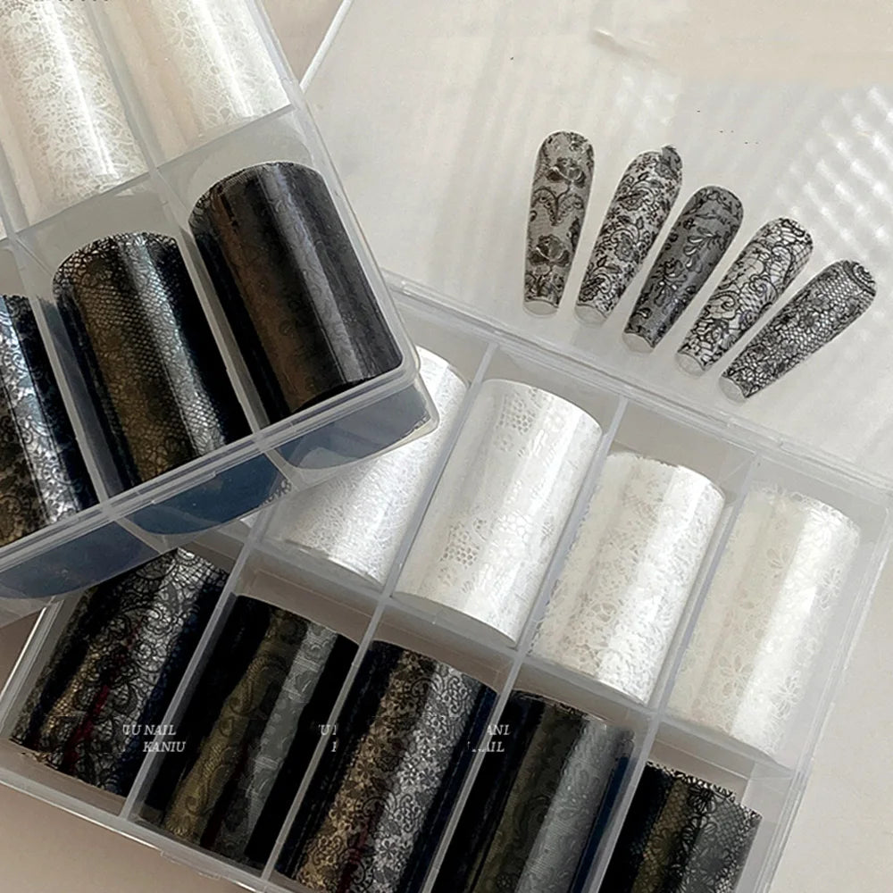 10 Rolls 4x50CM Black White Lace Transfer Nail Sticker Sexy Flower Lace Nail Art Transfer Foils Paper for DIY Manicure Decals