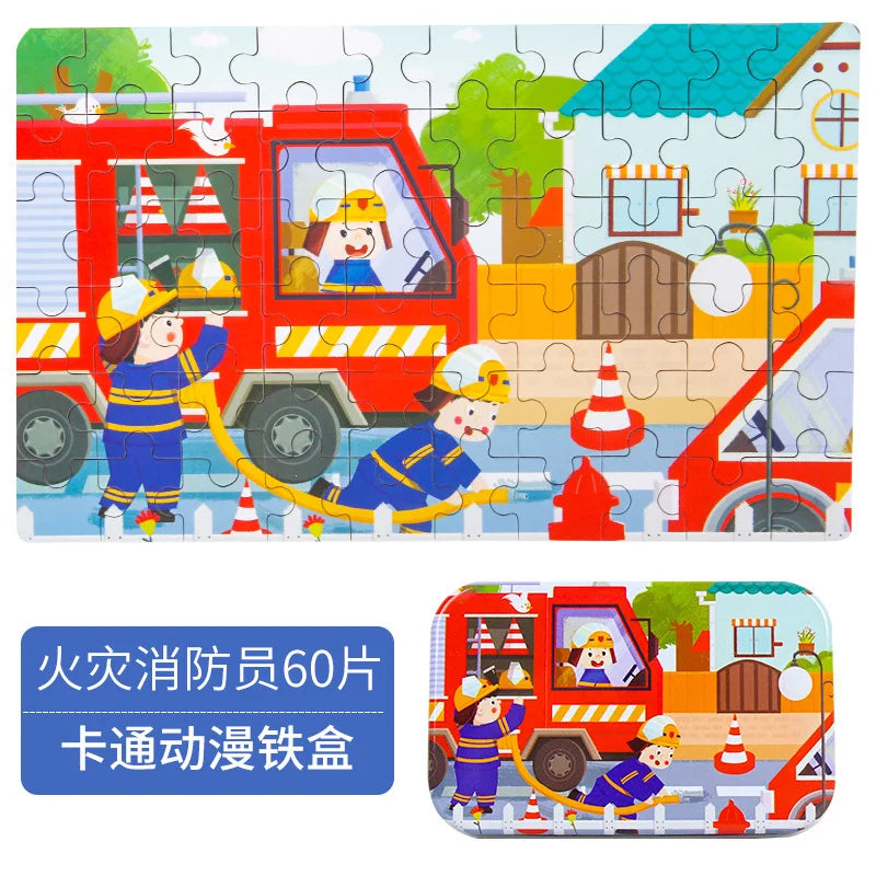 Hot New 60 Pieces Wooden Puzzle Toys for Children Cartoon Vehicle Animal Wood Jigsaw Baby Learning Educational Toy Kids Gift 
