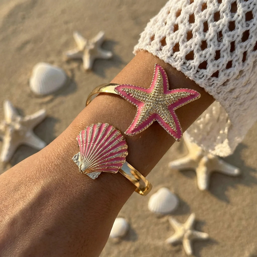 Elegant Enamel Flower Open Cuff Bracelet For Women Gold Plated Metal Pink White Blue Floral Bangles Beach Party Vacation Jewe
