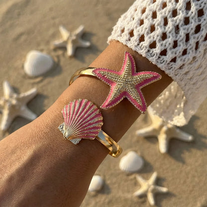 Elegant Enamel Flower Open Cuff Bracelet For Women Gold Plated Metal Pink White Blue Floral Bangles Beach Party Vacation Jewe