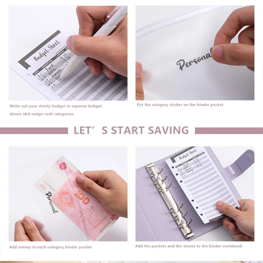 PU Leather Budget Binder With Cash Envelopes Pockets Zip Small French Budget Pouch Binder For Saving Money A6 Planner Organiz