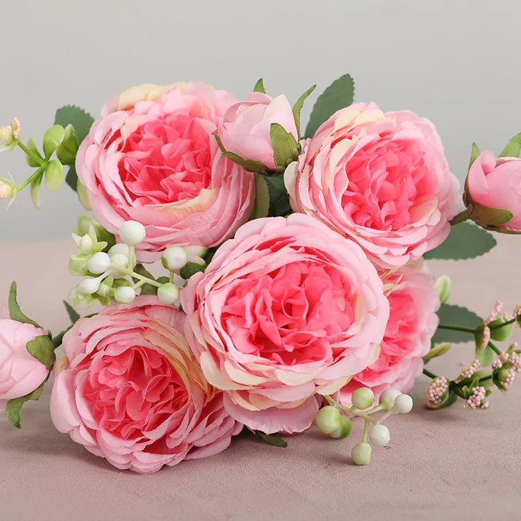1pcs/30cm Rose Pink Silk Bouquet Peony Artificial Flower 5 Big Head 4 Small Bud Bride Wedding Home Decoration Artifi - 12