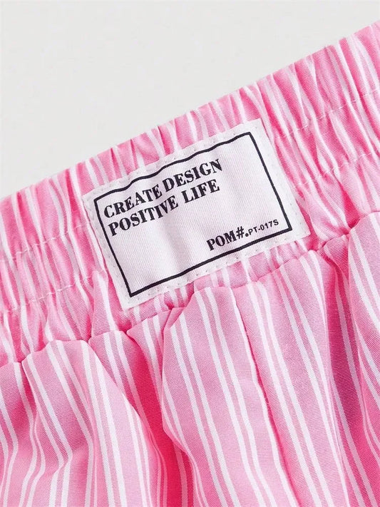 Striped Letter Label Shorts for Women Summer Casual Pink Elastic Waist Shorts Streetwear