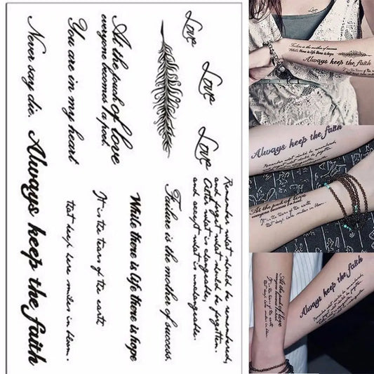 Tattoo Stickers English Word Waterproof Long Lasting Realistic Transfer Temporary Black Letters Feather Body Art For Men Wome