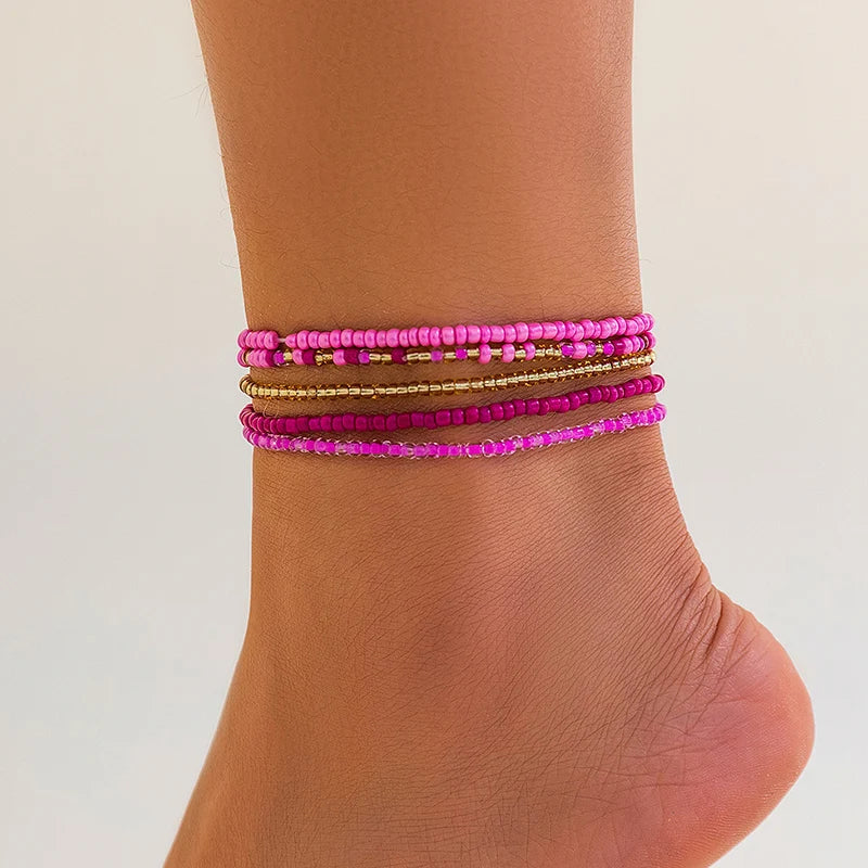 Boho Anklet Foot Colorful Beads Chain Summer Bracelet Heart Pendant Charm Anklet Sandals Barefoot Beach Foot Bridal Jewelry J