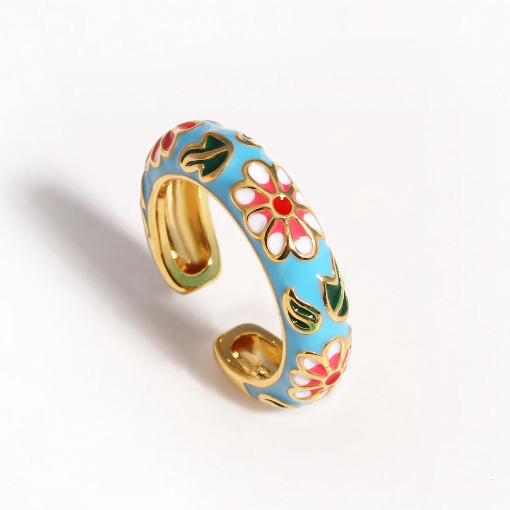 Vintage Colorful Enamel Flower Rings Trendy Geometric Female Minimalist Flower For Ladies Wedding Party Engagement Jewelry Gi