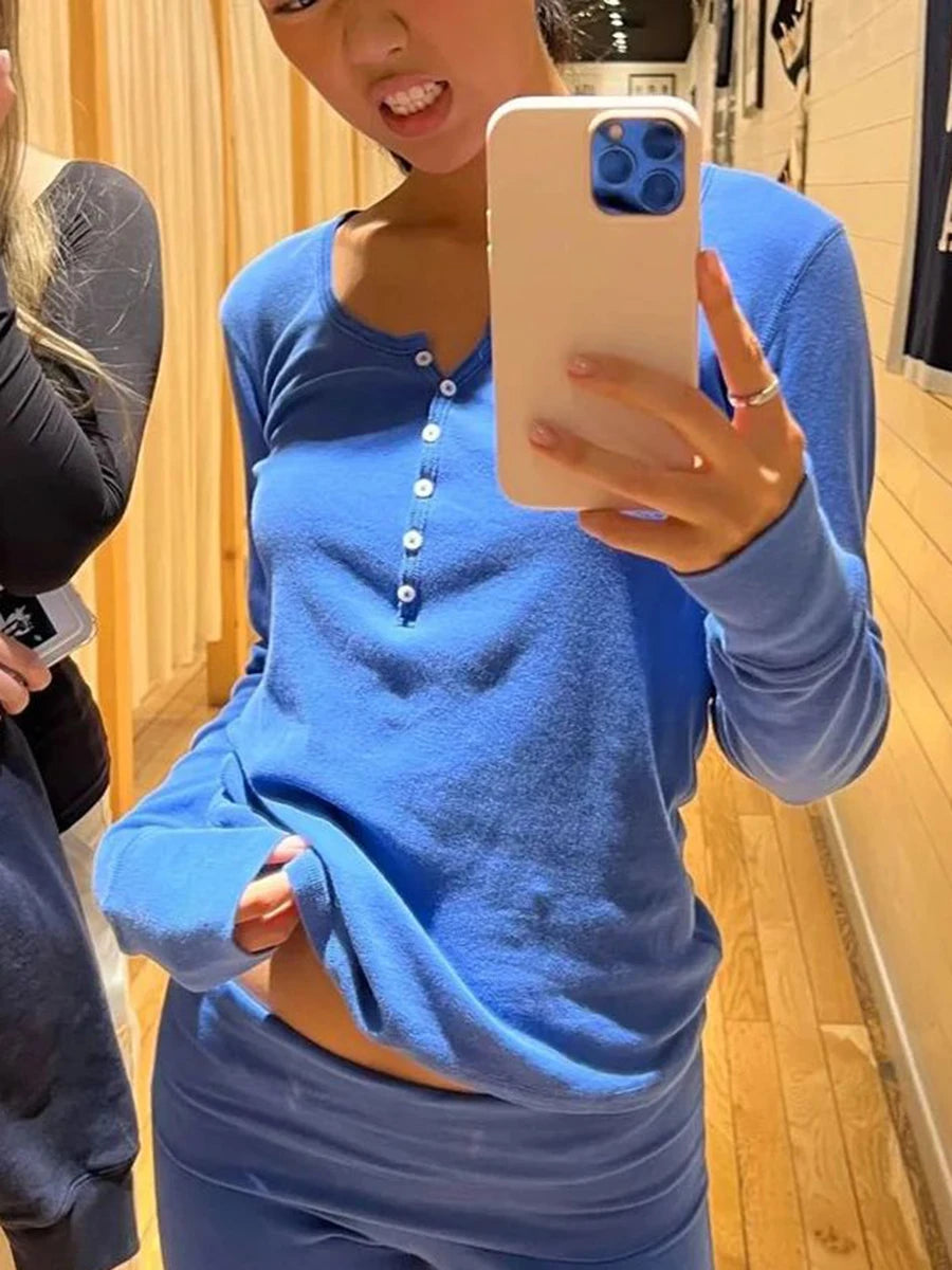 Six Buttons Ribbed Long Sleeve T-shirts Women Spring Round Neck Cotton Slim Tee Top Female Sweet Cute Pink Tshirt Y2k Tops Ne
