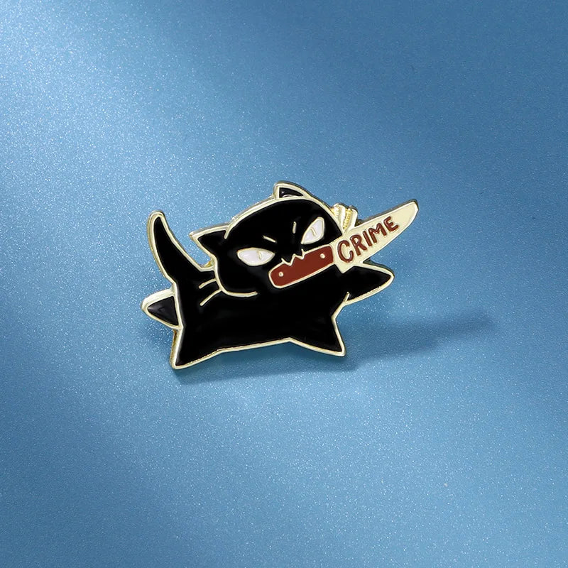 1pc Cute Cartoon Black Cat Enamel Brooch Creative Animal With A Knife In Mouth Lapel Pin Badge Backpack Clothing Hat Accessor