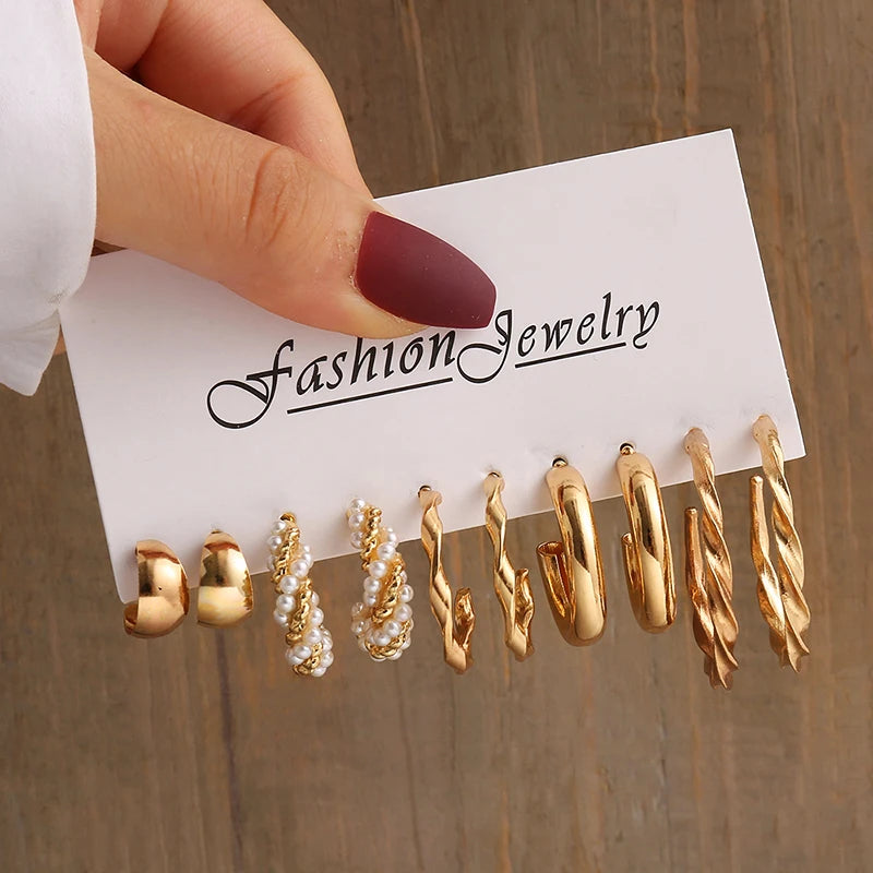 Gold Color Vintage Geometry Pearl Earrings Set Metal Twine Square Dangle Earrings Round for Women Simple Trendy Party Jewelry