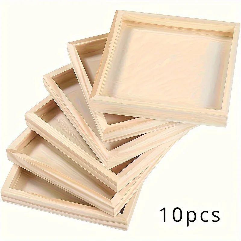 Set of 10 Unfinished Wooden Trays for Crafts DIY Painting Staining 3D Puzzles Art Projects - Versatile Craft Wood Tray - 10 P