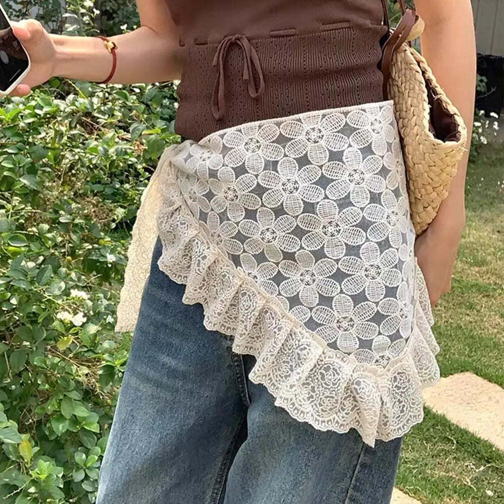 Lace Mini Skirts Women Elegant Sweet Lolita Short Skirts High Waist Y2k Streetwear Ruffle Skirts Lace Trim Butt Curtain Skirt