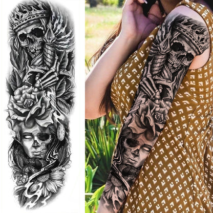1 Sheets Wolf Lion Tiger Maori Temporary Tattoos For Men Women Adults Full Sleeve Arm Flower Rose Skull Tattoo Sticker Decor 