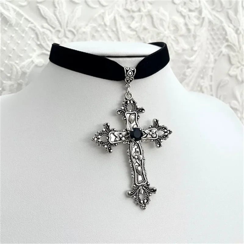 Vintage Antique Silver Color Cross Choker Black Rhinestone Gothic Black Rope Necklace Perfect for Victorian - Themed Gatherin