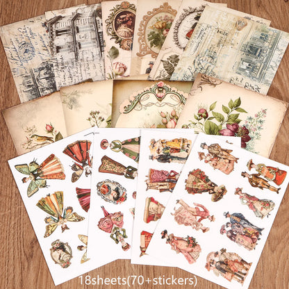 18sheets(70+stickers) Art Paper and PET Vintage Victoria Self-adhesive Scrapbook Sticker Pack, for Scrapbooking Supplies, Lap
